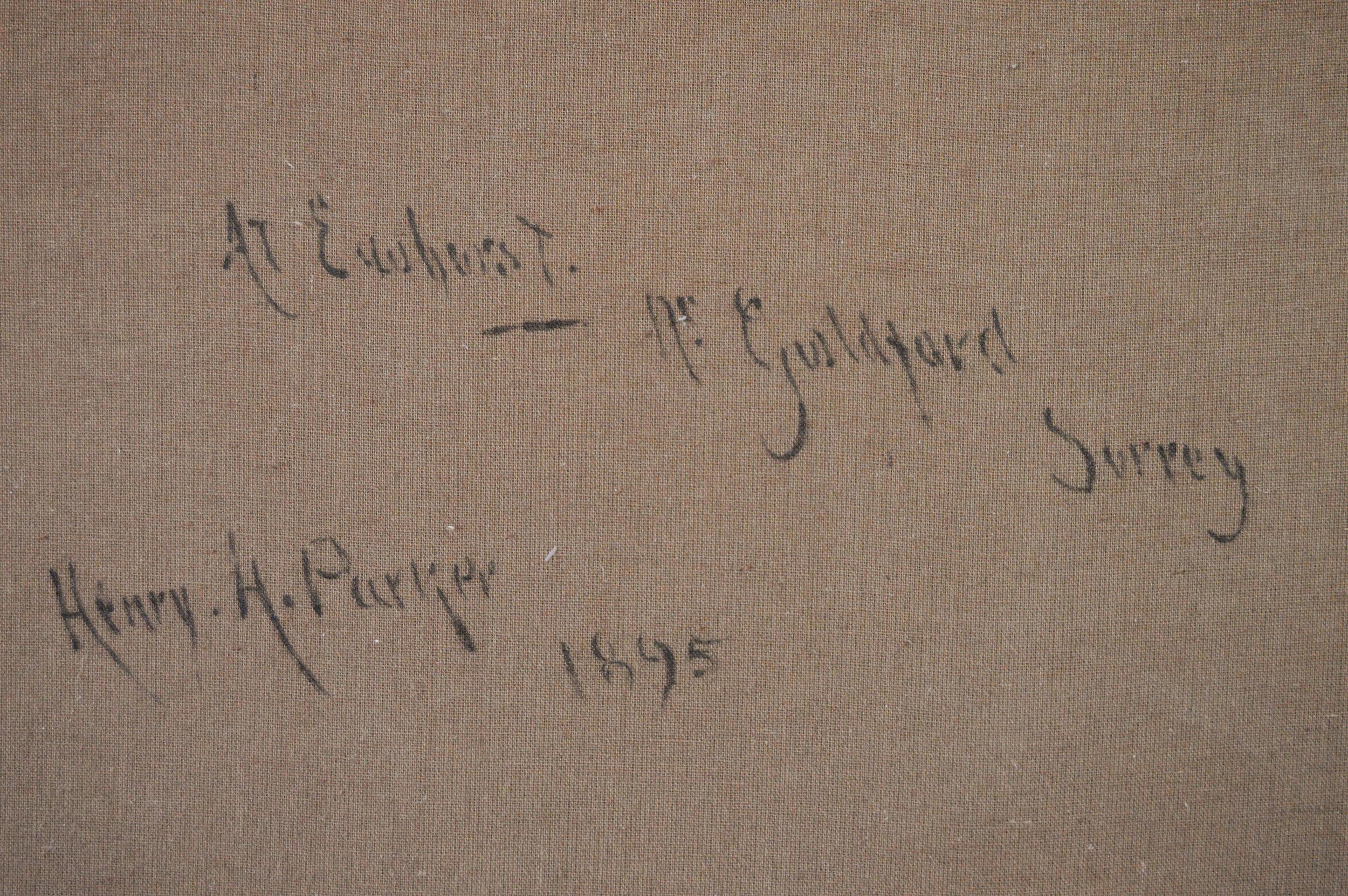 Henry H Parker 
British, (1858-1930)
At Ewhurst near Guildford, Surrey
Oil on canvas, signed & dated (18)95, further transcribed verso
Image size: 23.25 inches x 35.25 inches 
Size including frame: 30.25 inches x 42.25 inches

An atmospheric