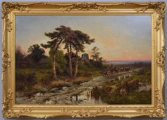 Peinture à l'huile de paysage du 19e siècle représentant un chariot de grumier sur un chemin de campagne