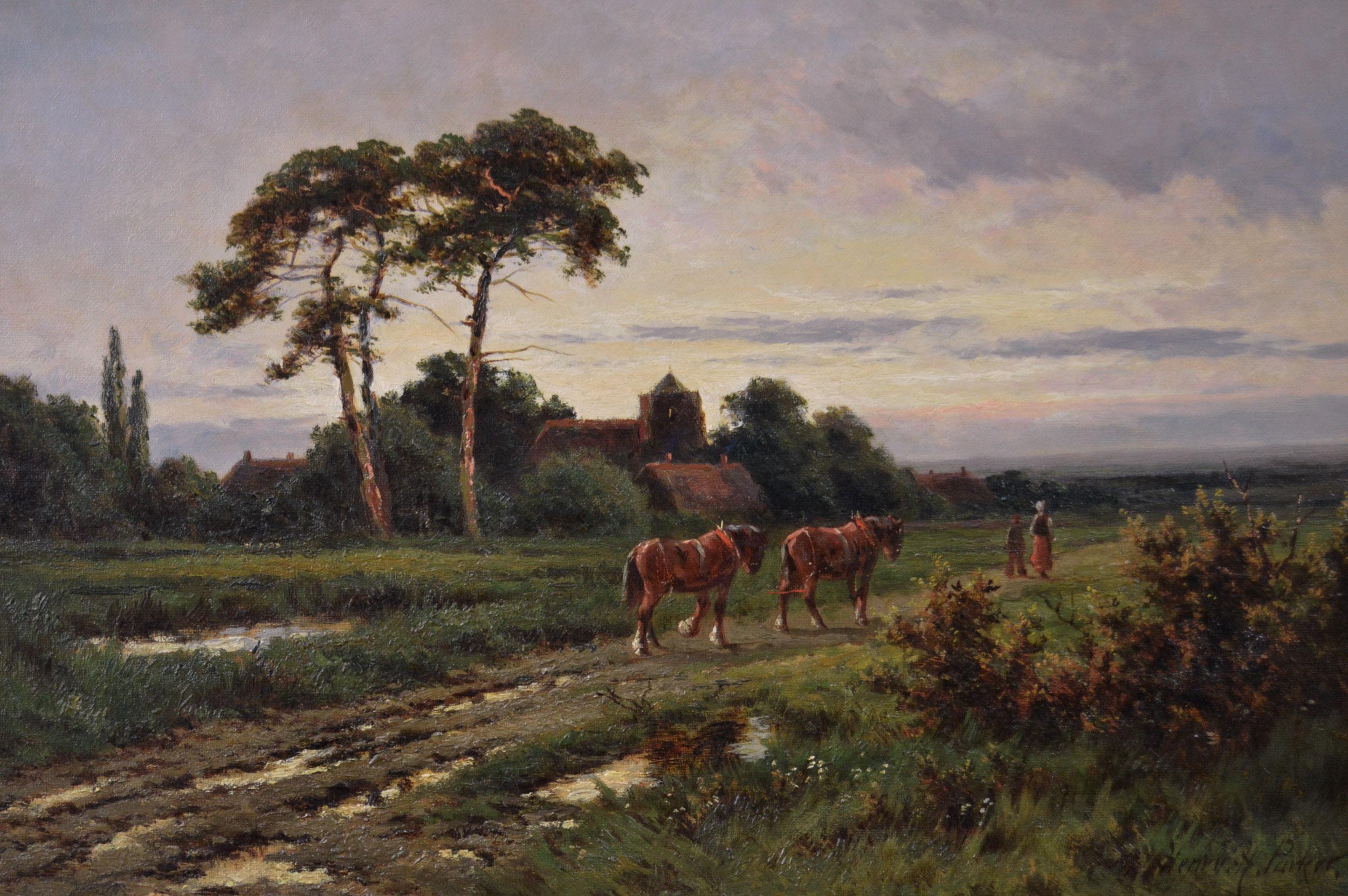 19th Century landscape oil painting of a plough team returning home - Painting by Henry H. Parker