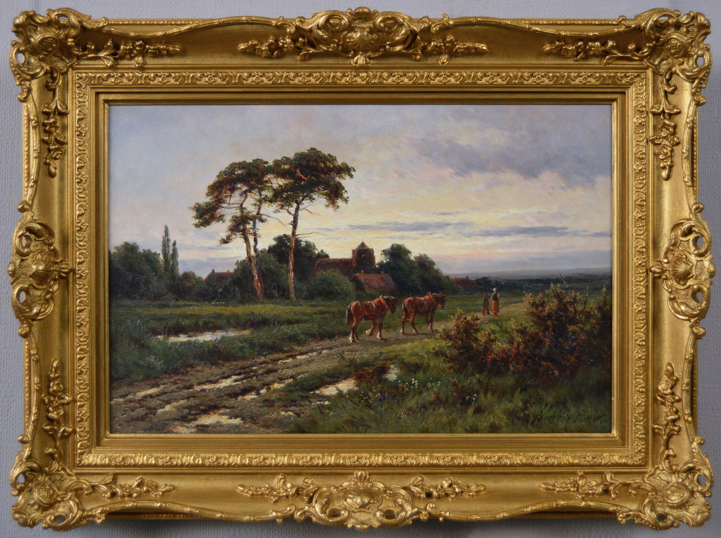 19th Century landscape oil painting of a plough team returning home
