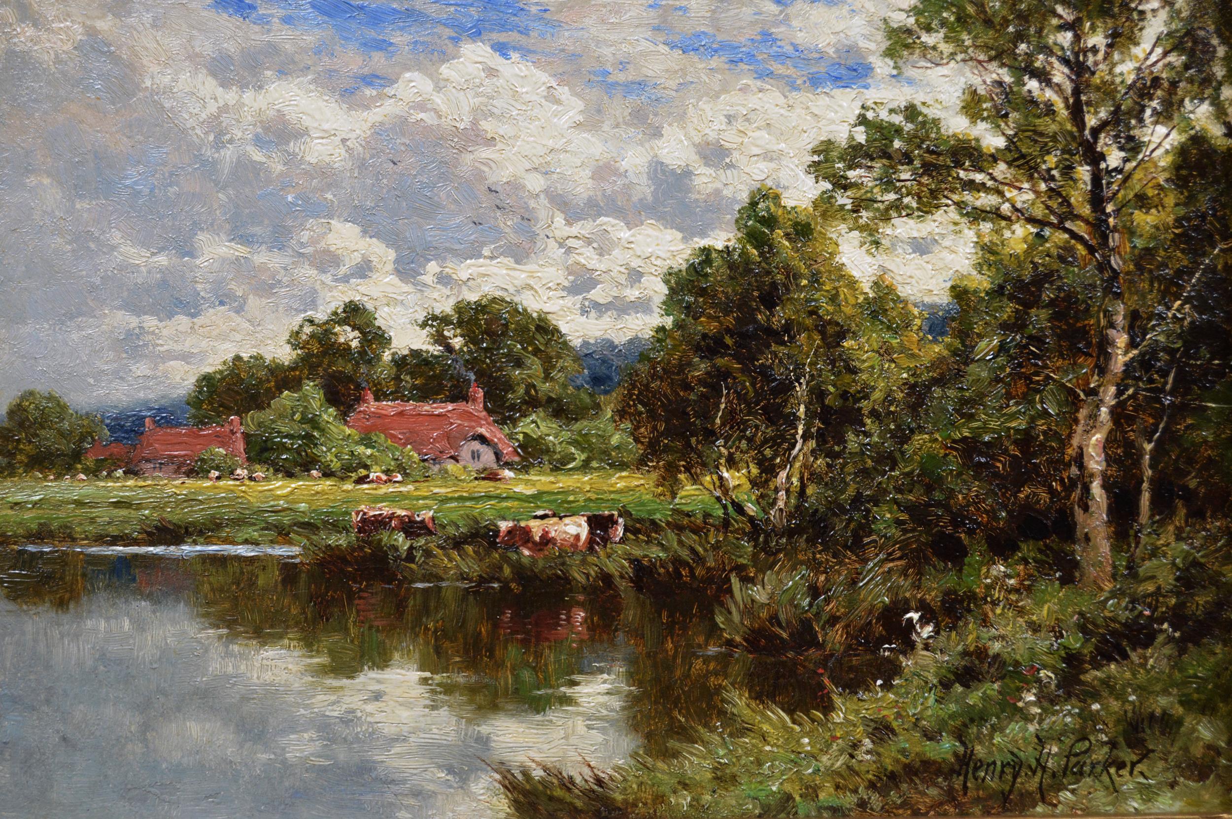 19th Century landscape oil painting of cattle by the River Thames near Henley  - Painting by Henry H. Parker