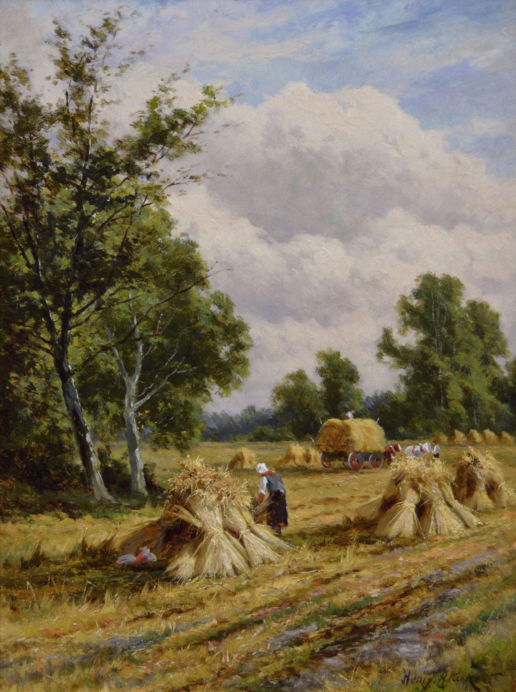 19th Century landscape oil painting of figures harvesting near Hastings - Painting by Henry H. Parker