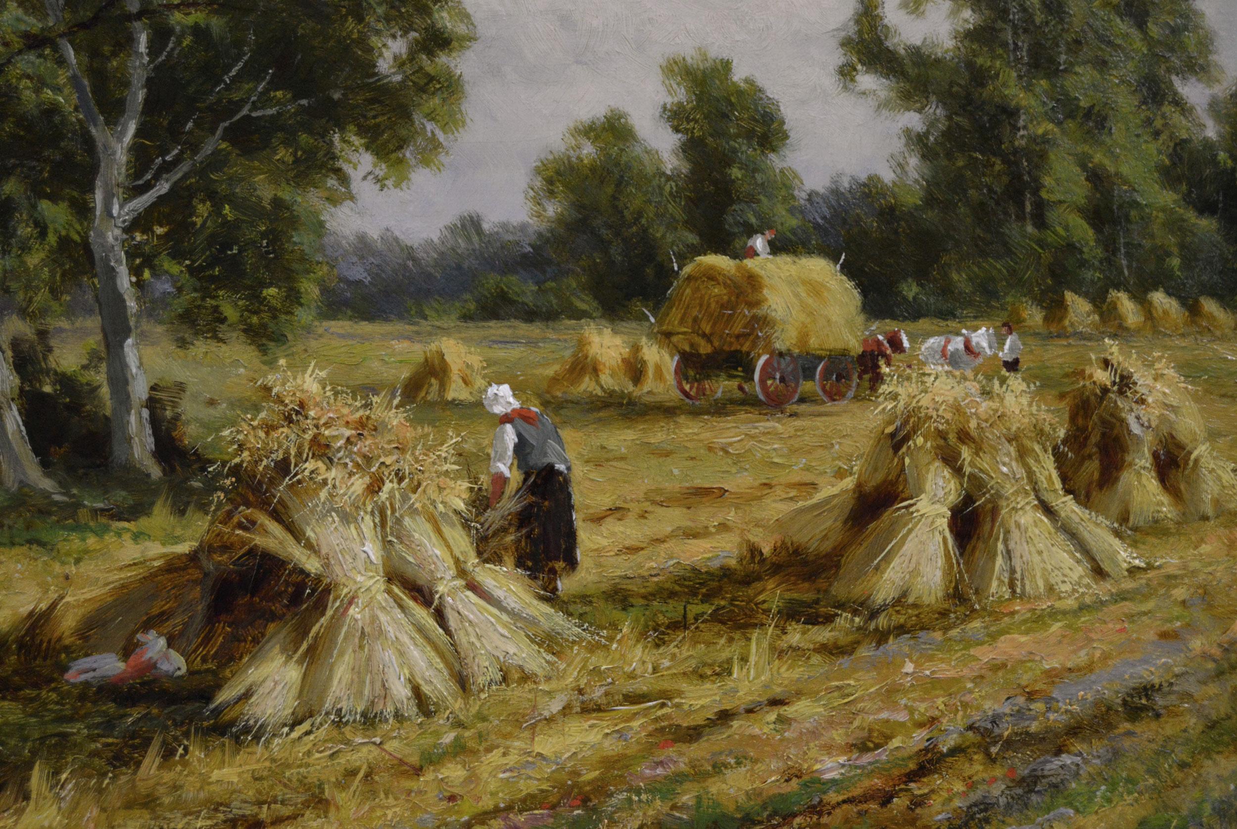 19th Century landscape oil painting of figures harvesting near Hastings - Victorian Painting by Henry H. Parker
