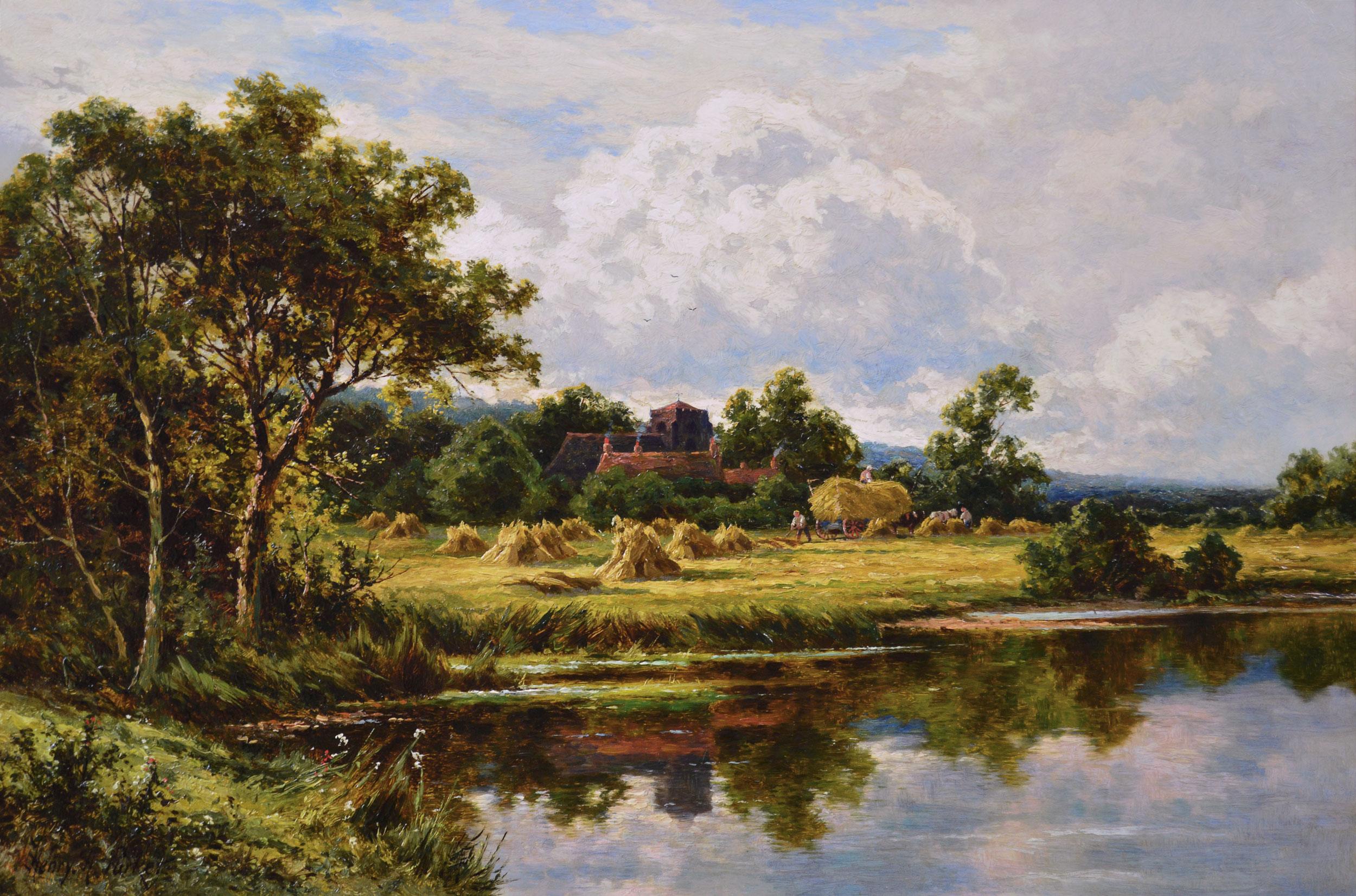 19th Century landscape oil painting of figures harvesting next to a river - Painting by Henry H. Parker