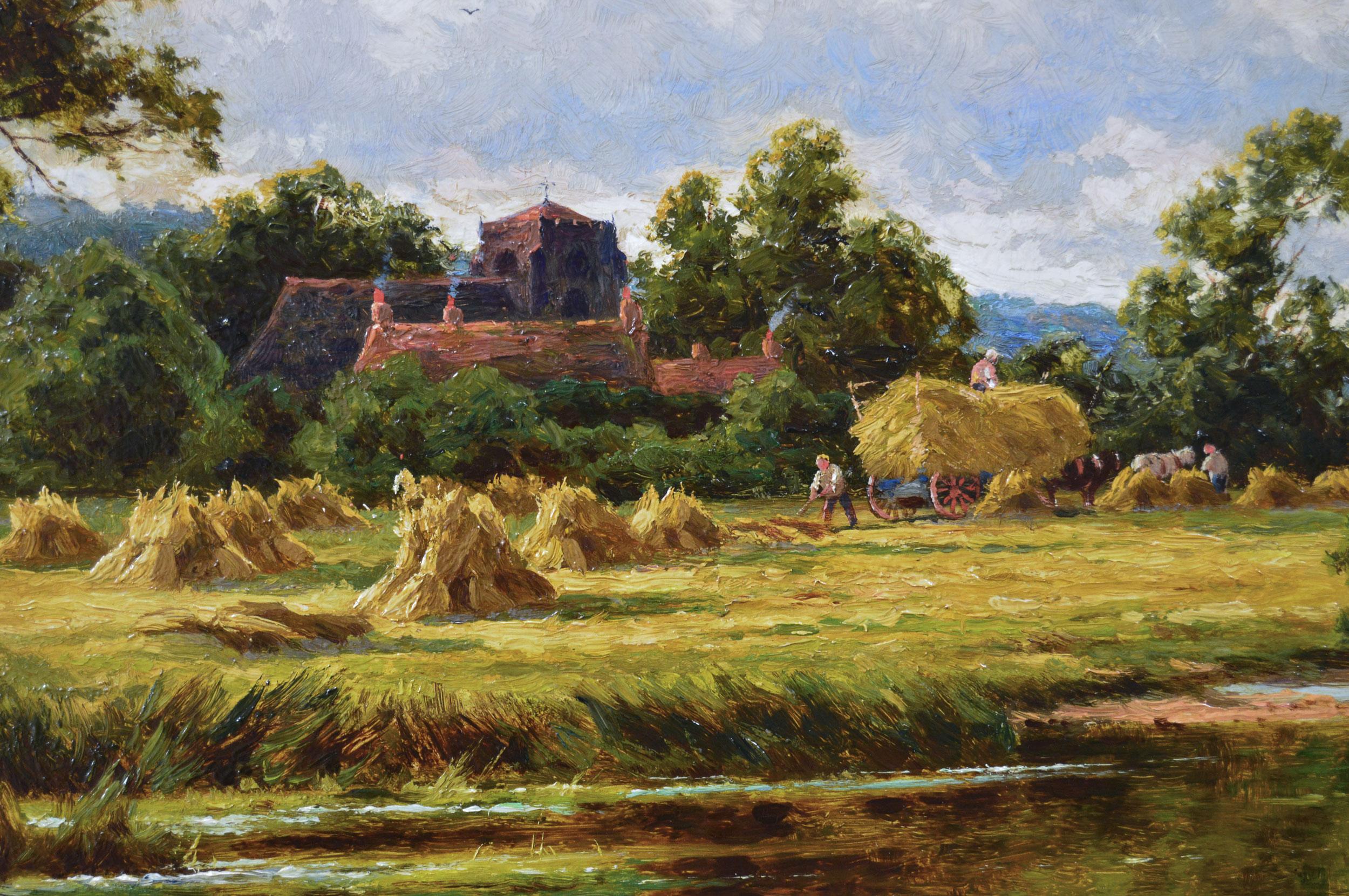 Paesaggio del XIX secolo dipinto a olio con figure che raccolgono vicino a un fiume - Painting Vittoriano di Henry H. Parker
