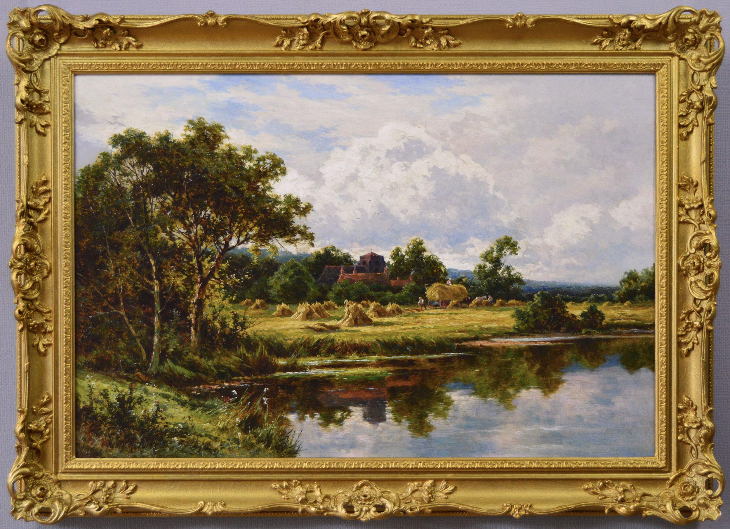 Henry H. Parker Landscape Painting - 19th Century landscape oil painting of figures harvesting next to a river