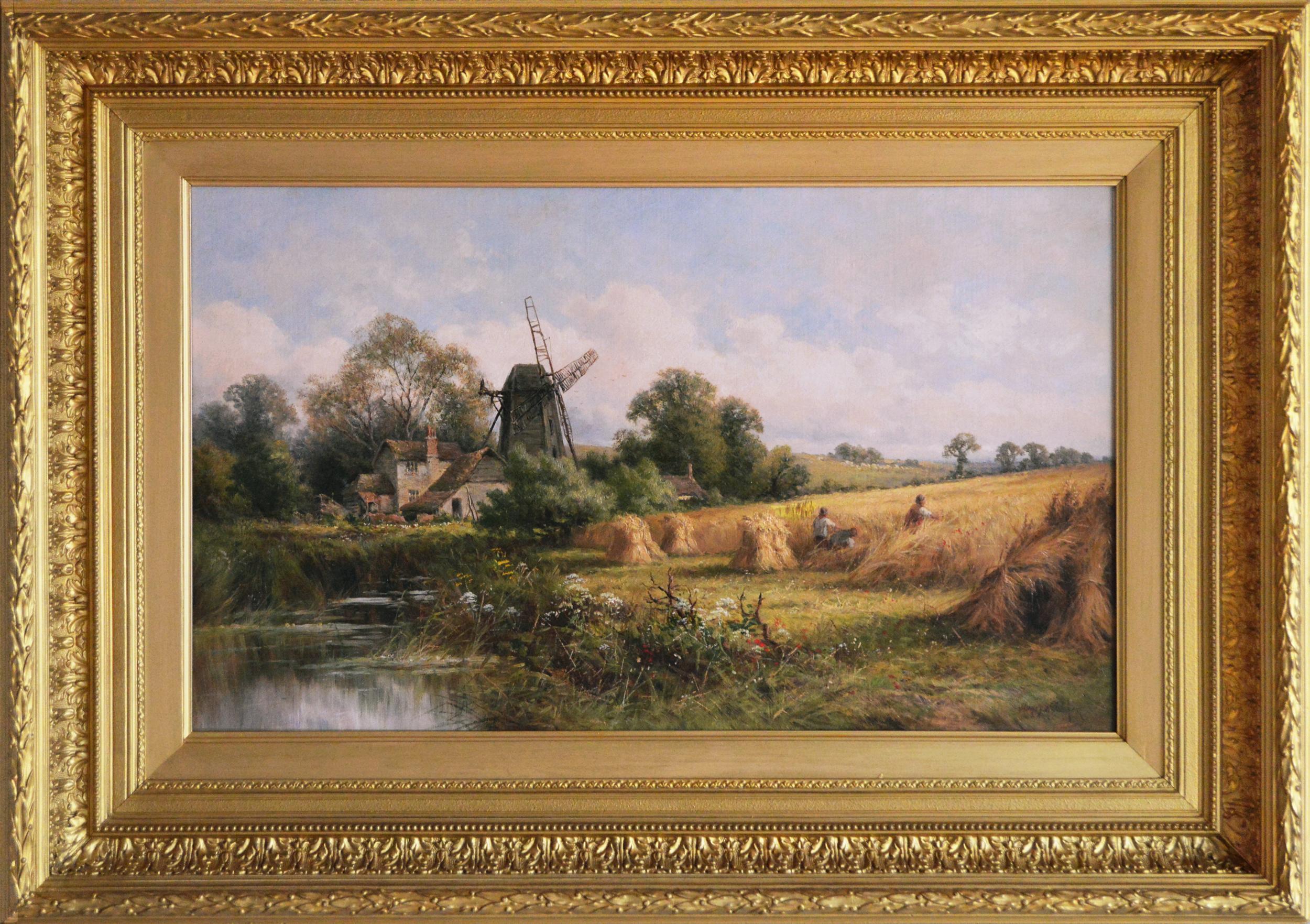 19th Century landscape oil painting of a windmill near a cornfield