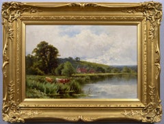 19th Century landscape oil painting of the River Thames at Streatley