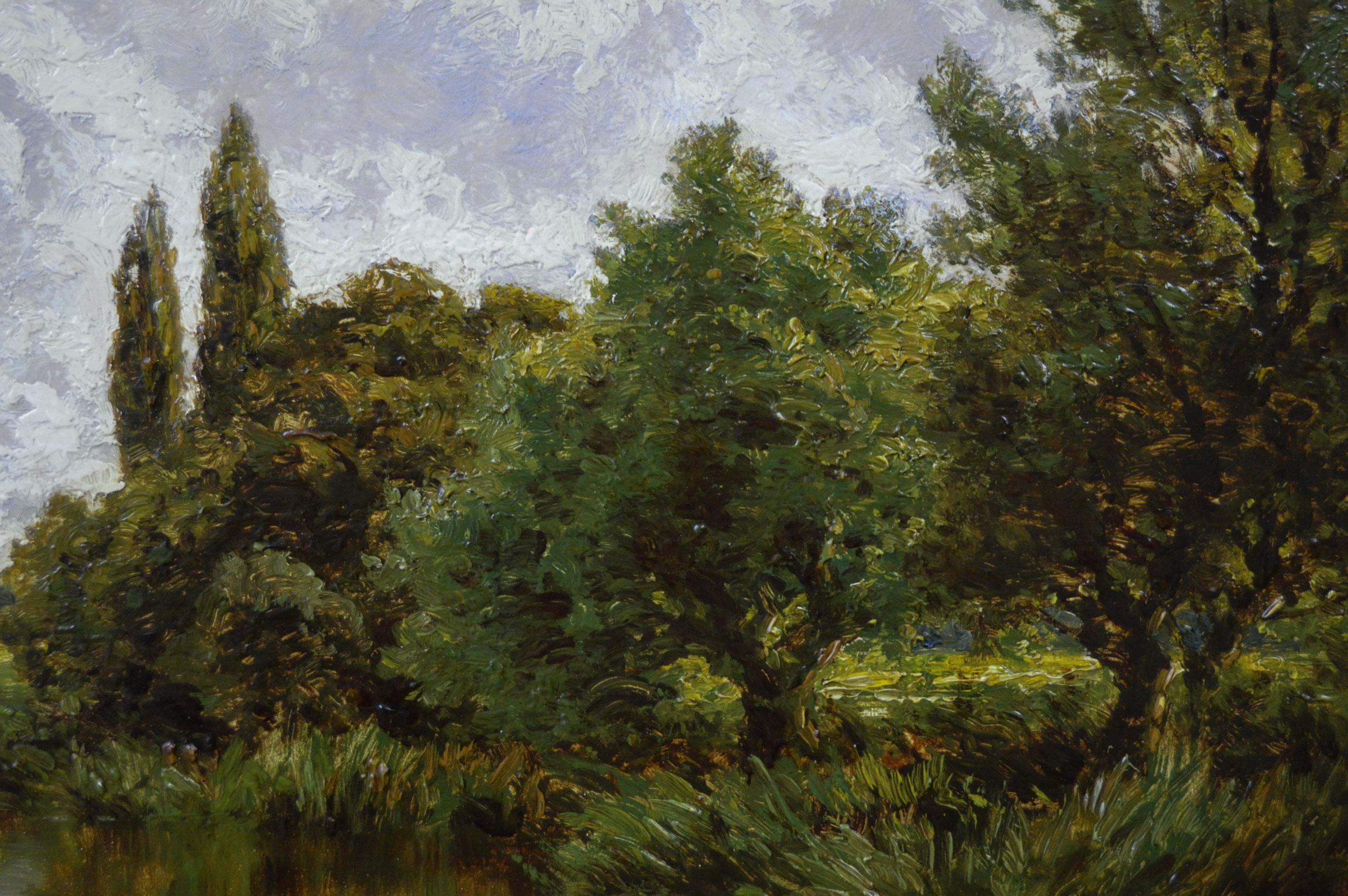 Paire de peintures à l'huile de paysages fluviaux avec bétail du 19ème siècle  en vente 6