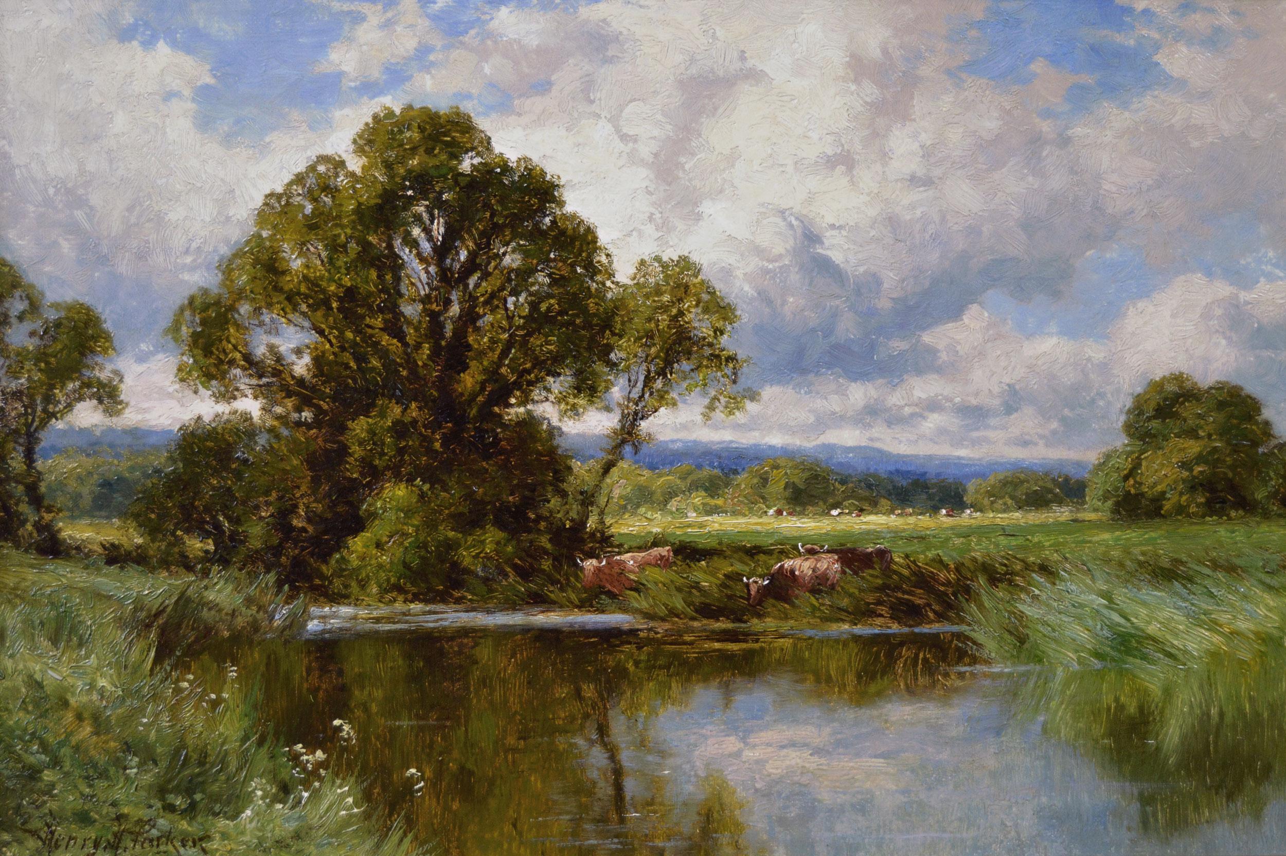 19th Century pair of river landscape oil paintings with cattle  - Painting by Henry H. Parker