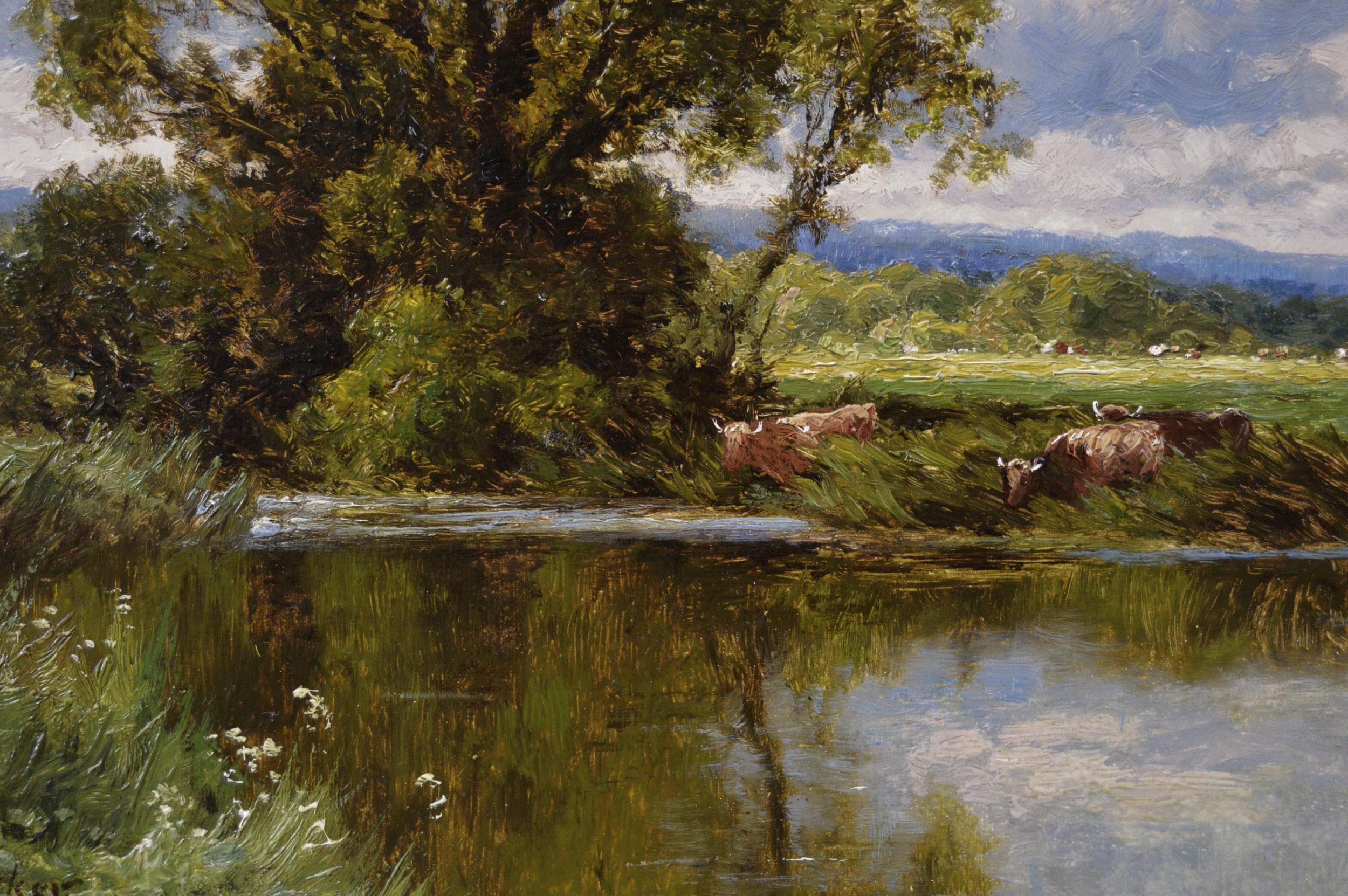 Paire de peintures à l'huile de paysages fluviaux avec bétail du 19ème siècle  - Victorien Painting par Henry H. Parker