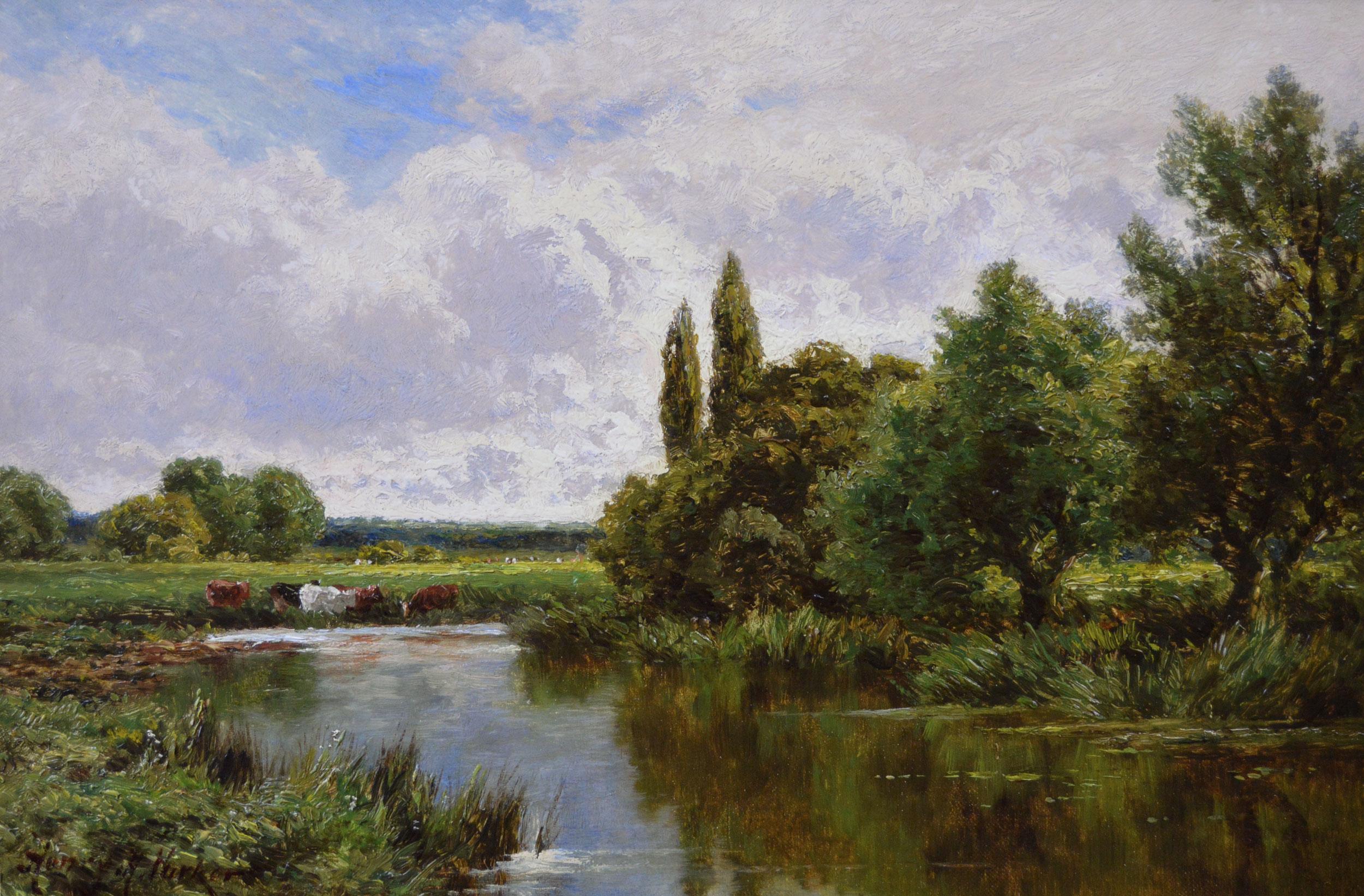 Paire de peintures à l'huile de paysages fluviaux avec bétail du 19ème siècle  en vente 3