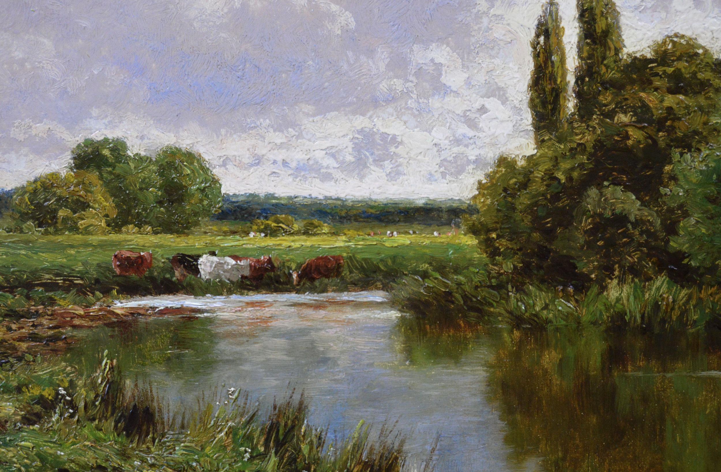 Paire de peintures à l'huile de paysages fluviaux avec bétail du 19ème siècle  en vente 4