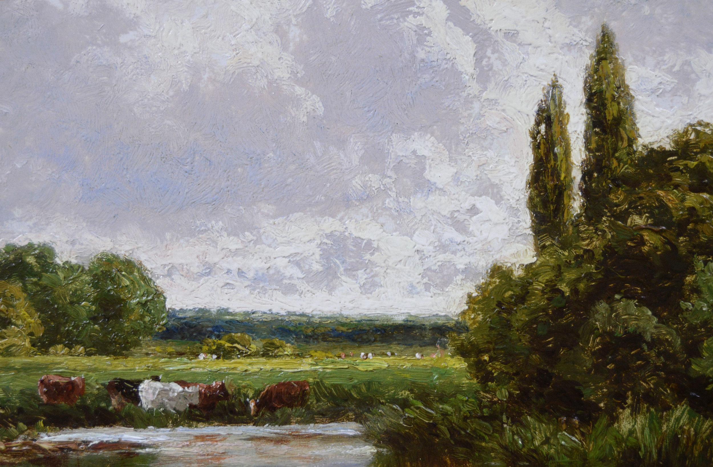 Paire de peintures à l'huile de paysages fluviaux avec bétail du 19ème siècle  en vente 5