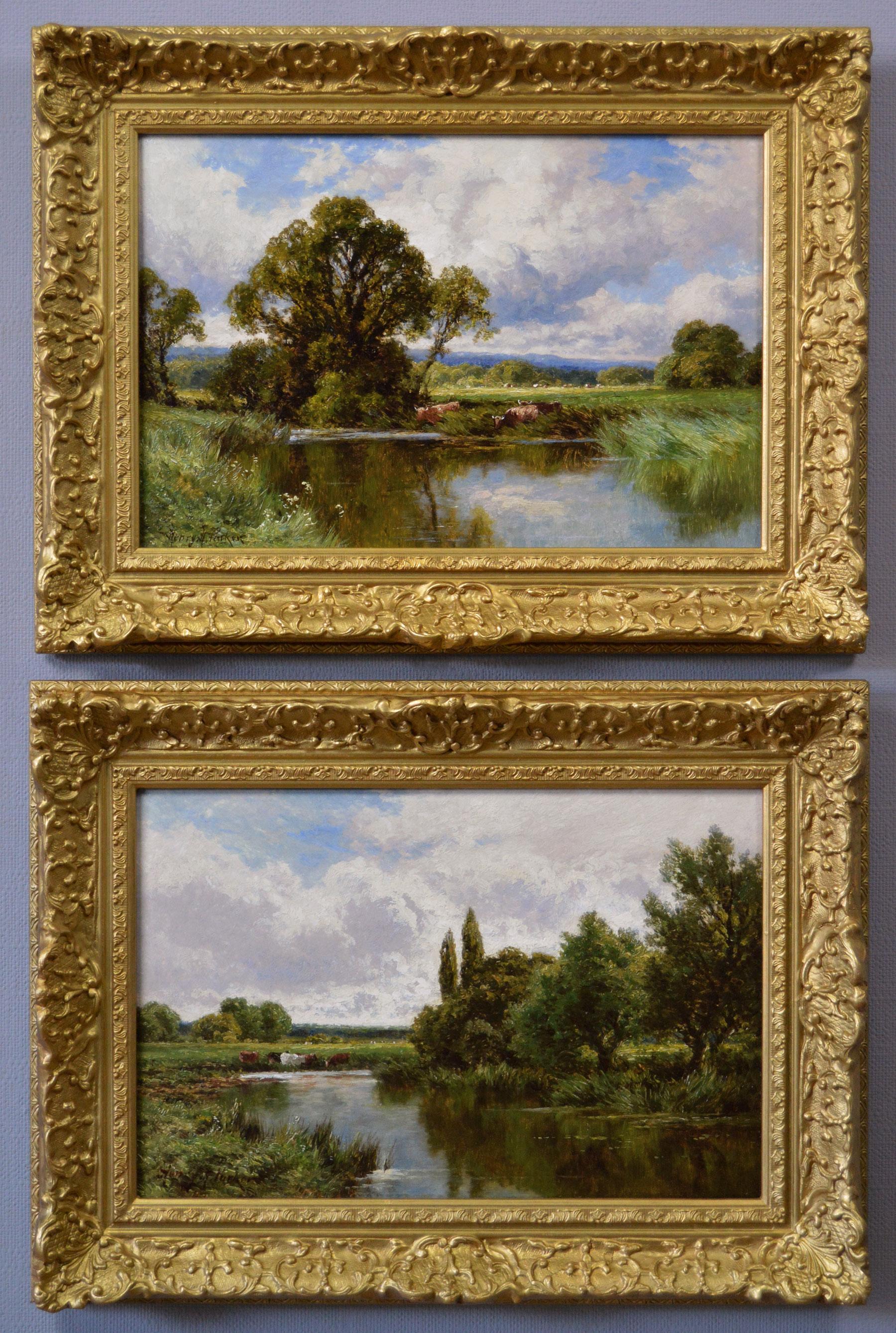 Landscape Painting Henry H. Parker - Paire de peintures à l'huile de paysages fluviaux avec bétail du 19ème siècle 