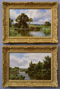 19th Century pair of river landscape oil paintings with cattle 