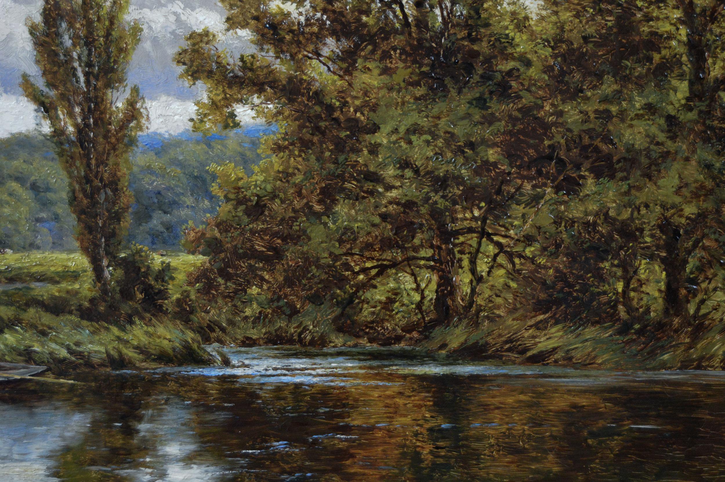 Henry H Parker 
British, (1858-1930)
A Bend in the River near Pangbourne
Oil on canvas, signed & further inscribed verso
Image size: 19.25 inches x 29.25 inches 
Size including frame: 26.75 inches x 36.75 inches

A tranquil view of the river Thames