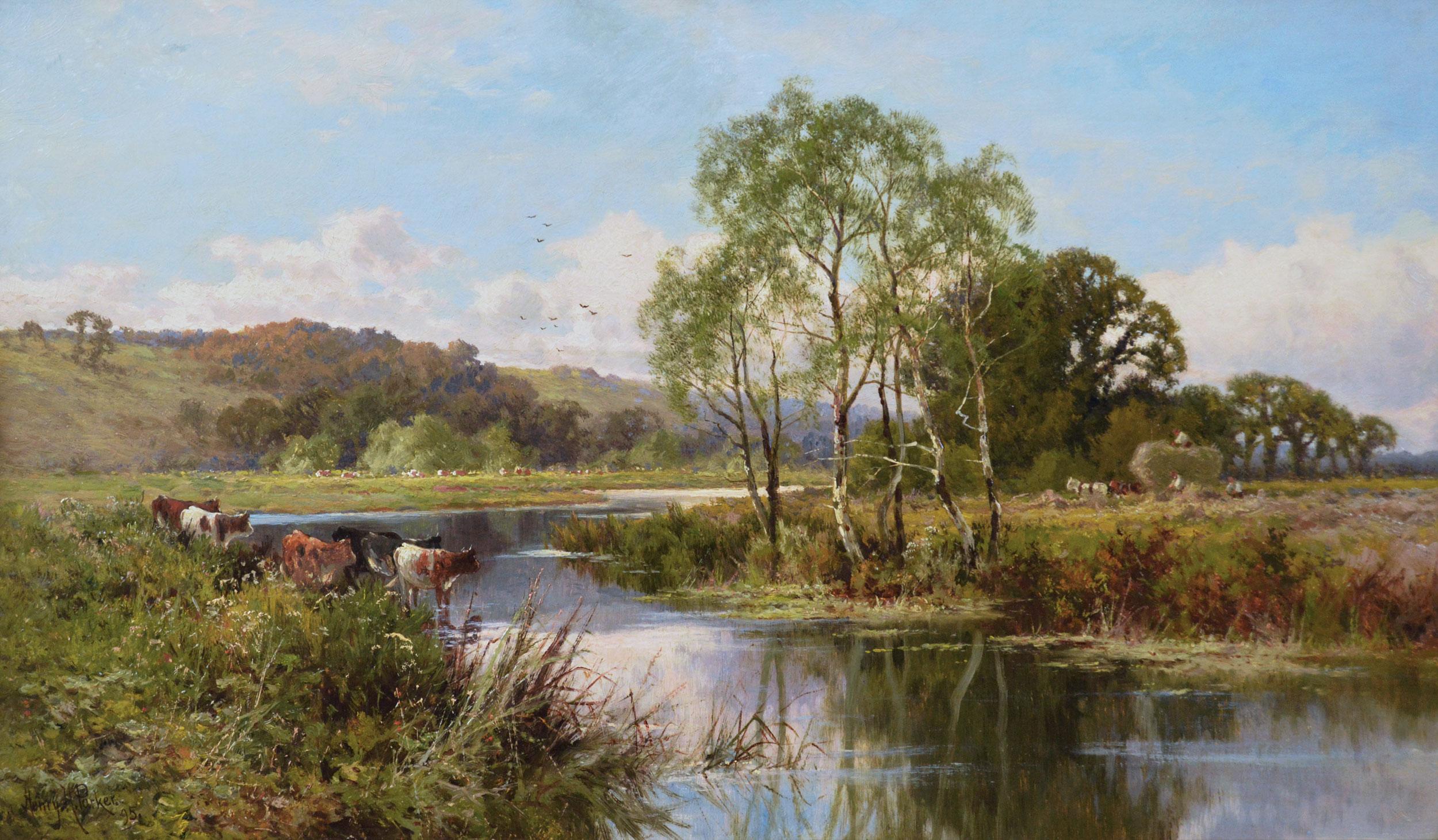 19th Century River landscape oil painting of cattle by the Thames at Goring - Painting by Henry H. Parker