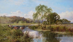 19th Century River landscape oil painting of cattle by the Thames at Goring