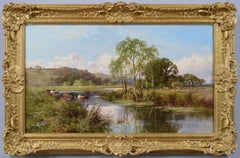 Antique 19th Century River landscape oil painting of cattle by the Thames at Goring