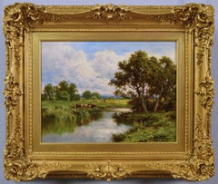 19th Century Surrey landscape oil painting of the River Mole at Dorking