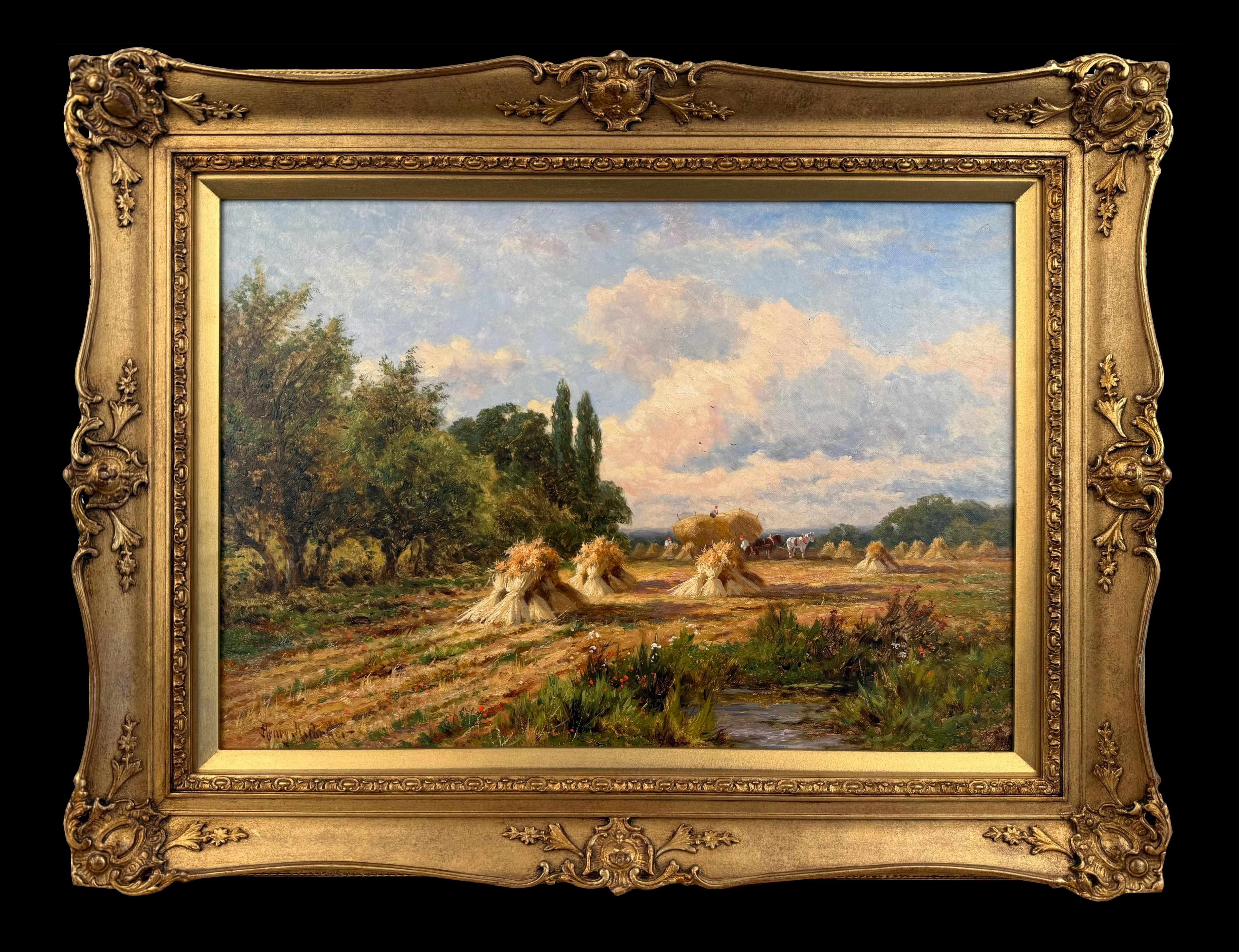 Landscape Painting di Henry H. Parker - "Il Raccolto d'Oro", dipinto paesaggistico vittoriano a olio su tela, firmato