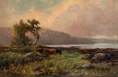 Große antike schottische Highlands Landschaft Ölgemälde Vieh nebligen Loch Szene