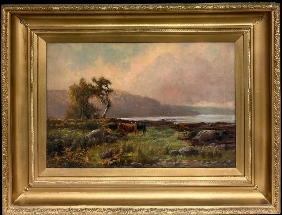 Large Antique Scottish Highlands Landscape Oil Painting Cattle Misty Loch Scene