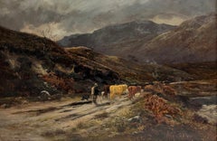 Very Large Antique Scottish Victorian Oil Painting Cattle Highland Pathway