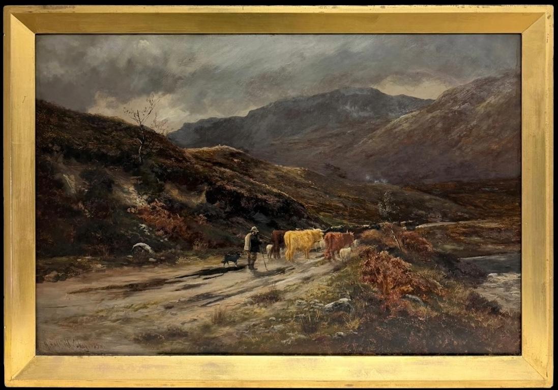  Henry Hadfield Cubley  Landscape Painting - Very Large Antique Scottish Victorian Oil Painting Cattle Highland Pathway