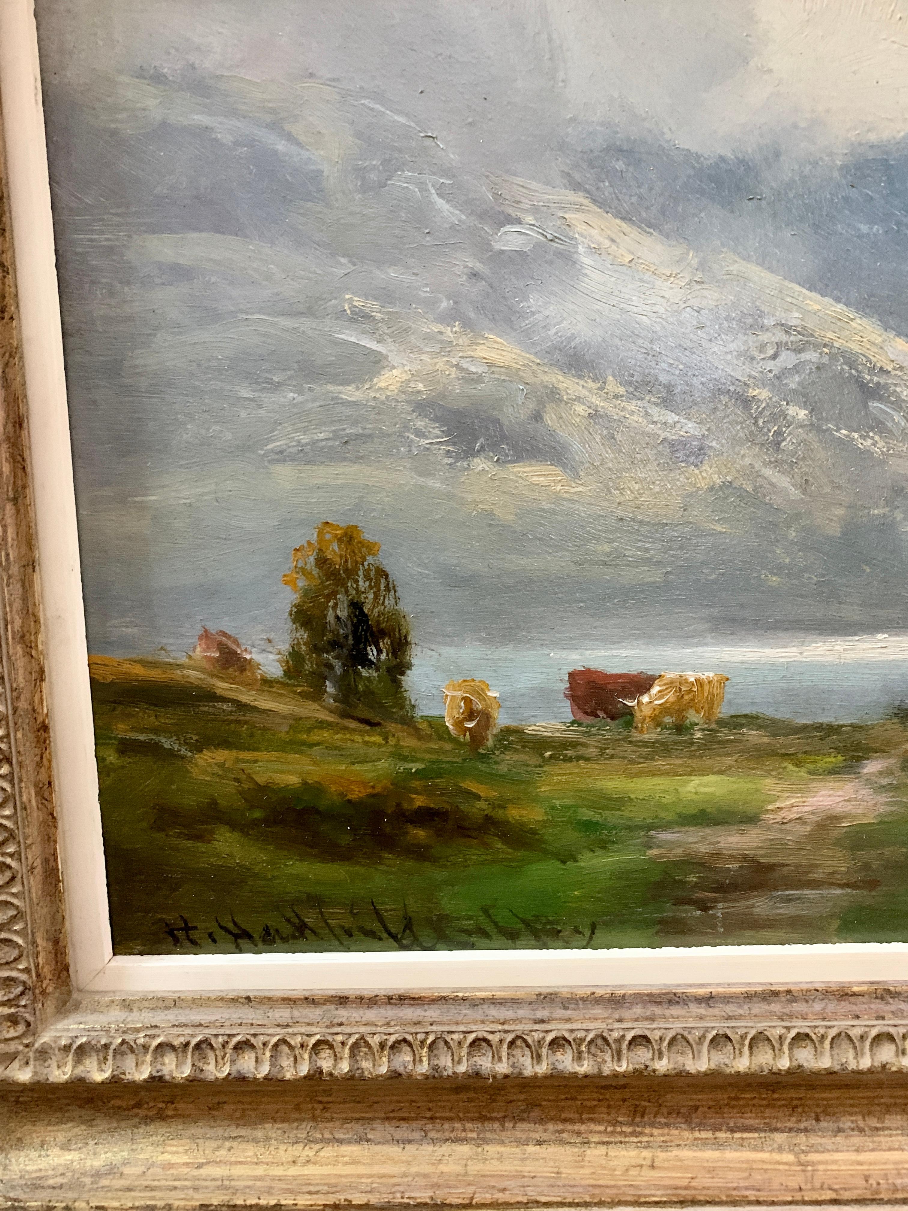 Antique oil painting of Scottish Highland cattle near a Loch, Scotland - Painting by Henry Hadfield Cubley