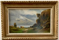 Peinture à l'huile ancienne représentant du bétail écossais des Highlands près d'un loch:: Écosse