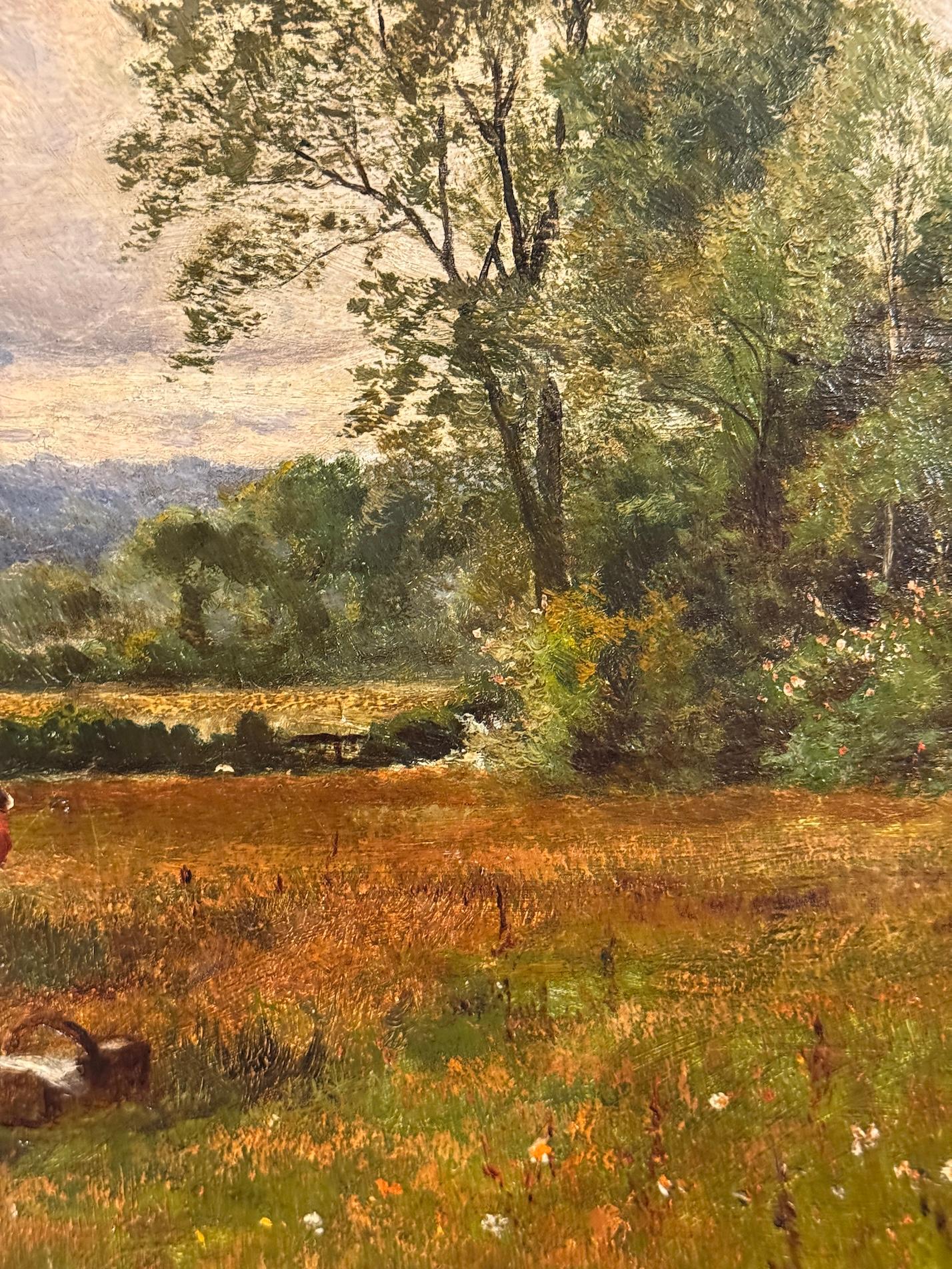 Inglese XIX secolo Paesaggio con bambini su un sentiero che raccolgono fiori - Painting di Henry Hadfield Cubley