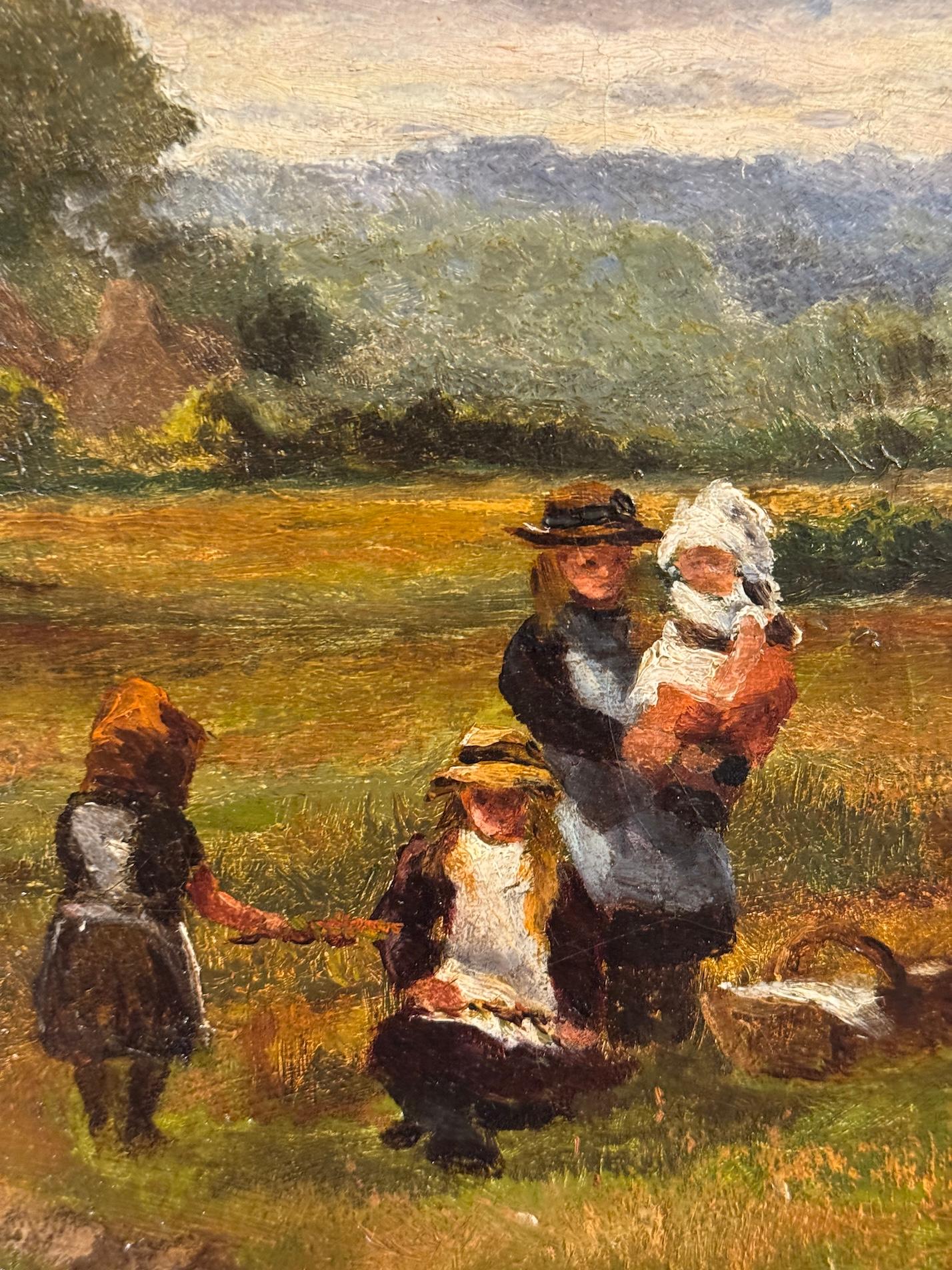 Inglese XIX secolo Paesaggio con bambini su un sentiero che raccolgono fiori - Painting Vittoriano di Henry Hadfield Cubley