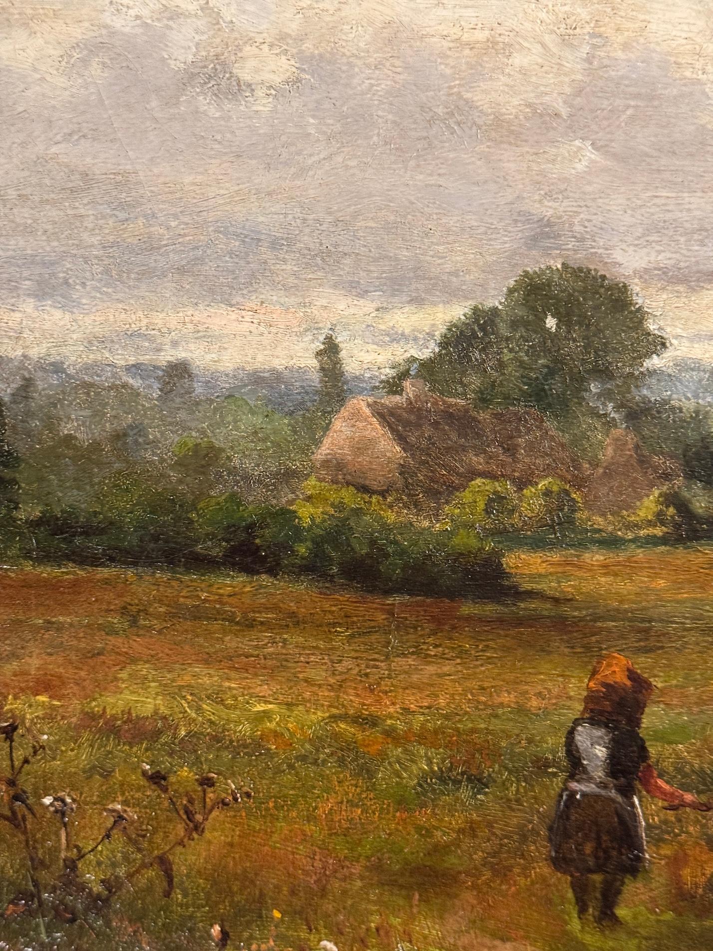 Inglese XIX secolo Paesaggio con bambini su un sentiero che raccolgono fiori - Landscape Painting Marrone di Henry Hadfield Cubley