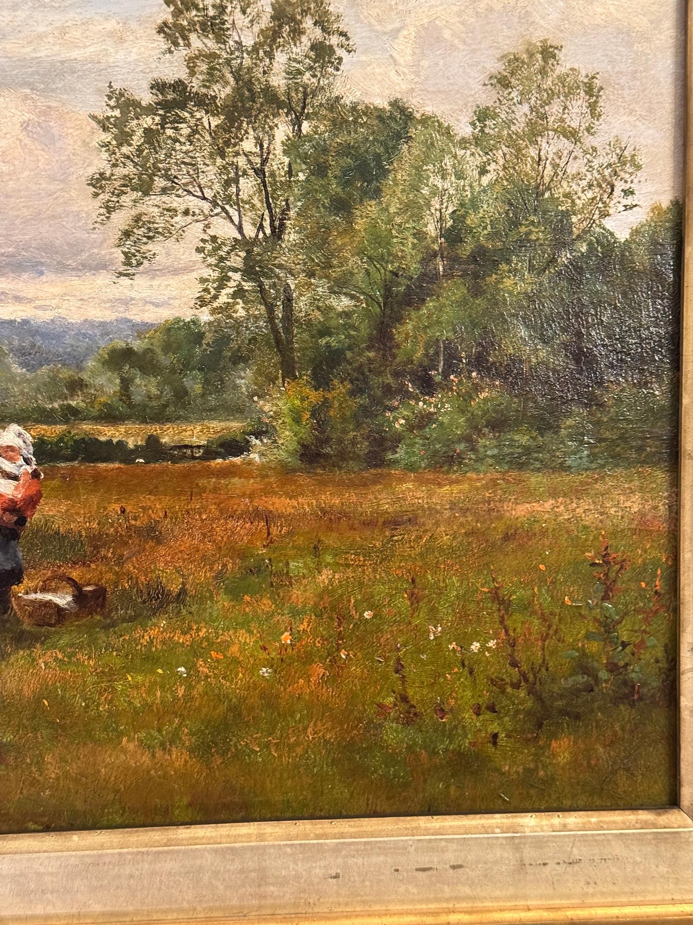 Inglese XIX secolo Paesaggio con bambini su un sentiero che raccolgono fiori in vendita 2