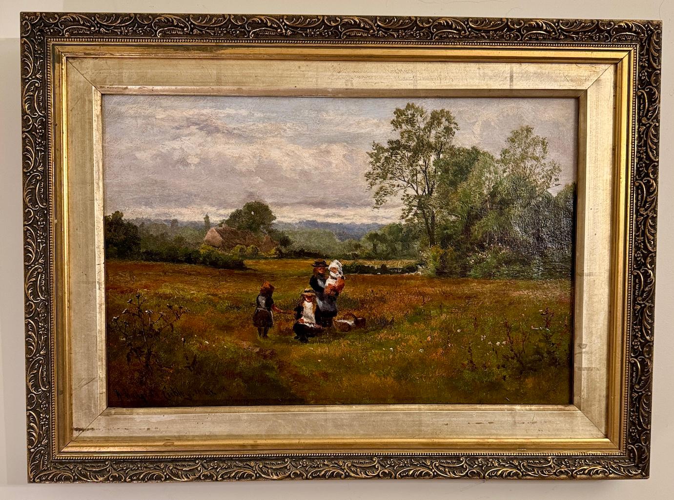 Landscape Painting di Henry Hadfield Cubley - Inglese XIX secolo Paesaggio con bambini su un sentiero che raccolgono fiori