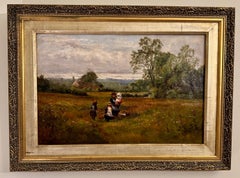 Inglese XIX secolo Paesaggio con bambini su un sentiero che raccolgono fiori