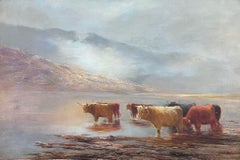 Large 19th Century Scottish Highland Cattle Loch Scene Signed Oil Painting