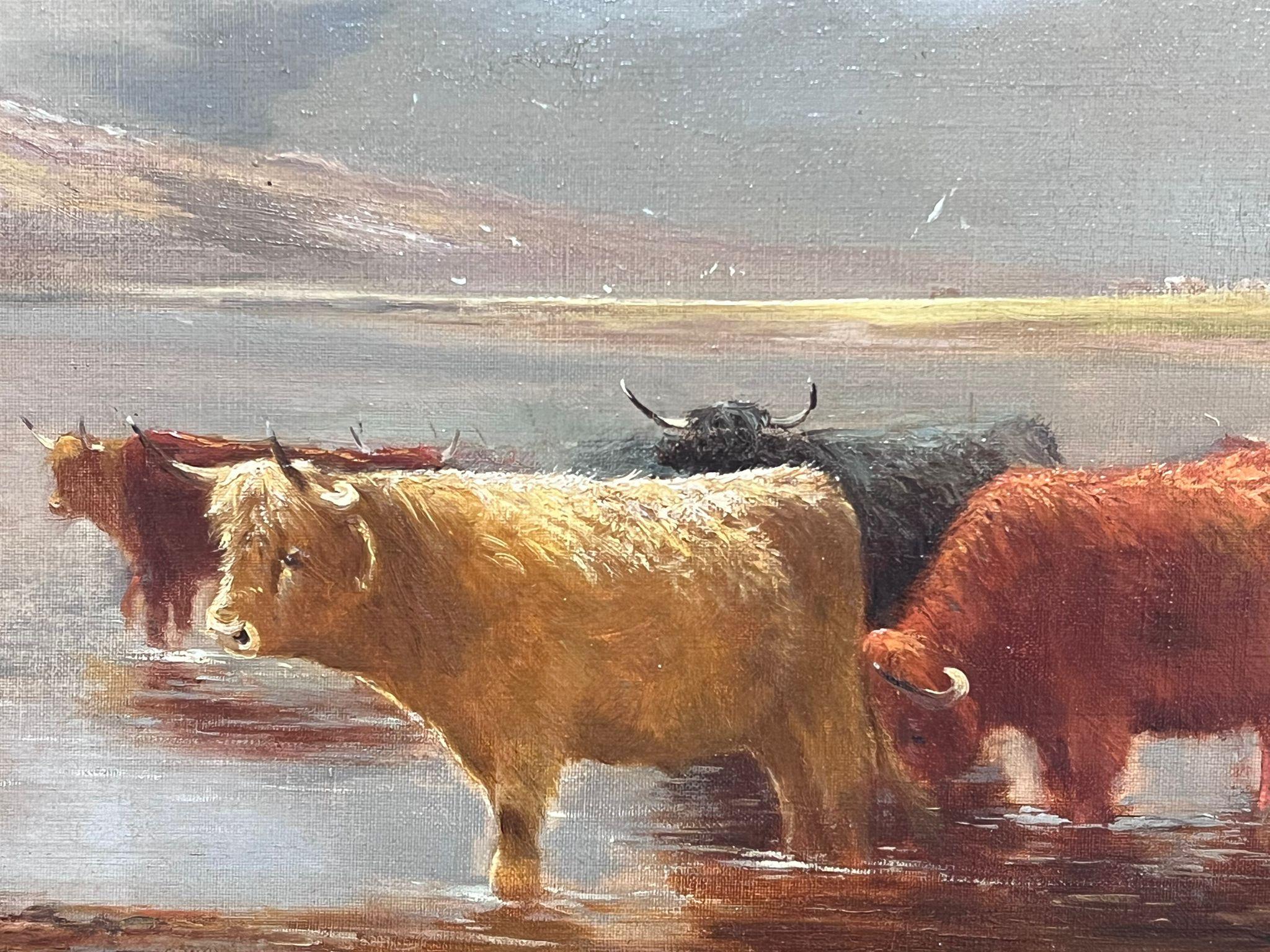 Cattle on the Loch's Shore
by Henry Hadfield Cubley (British 1858-1934) *see below
signed oil on canvas
framed in elaborate gilt swept frame
dated 1899 verso
framed: 26 x 36 inches
canvas: 20 x 29.5 inches
provenance: private collection,