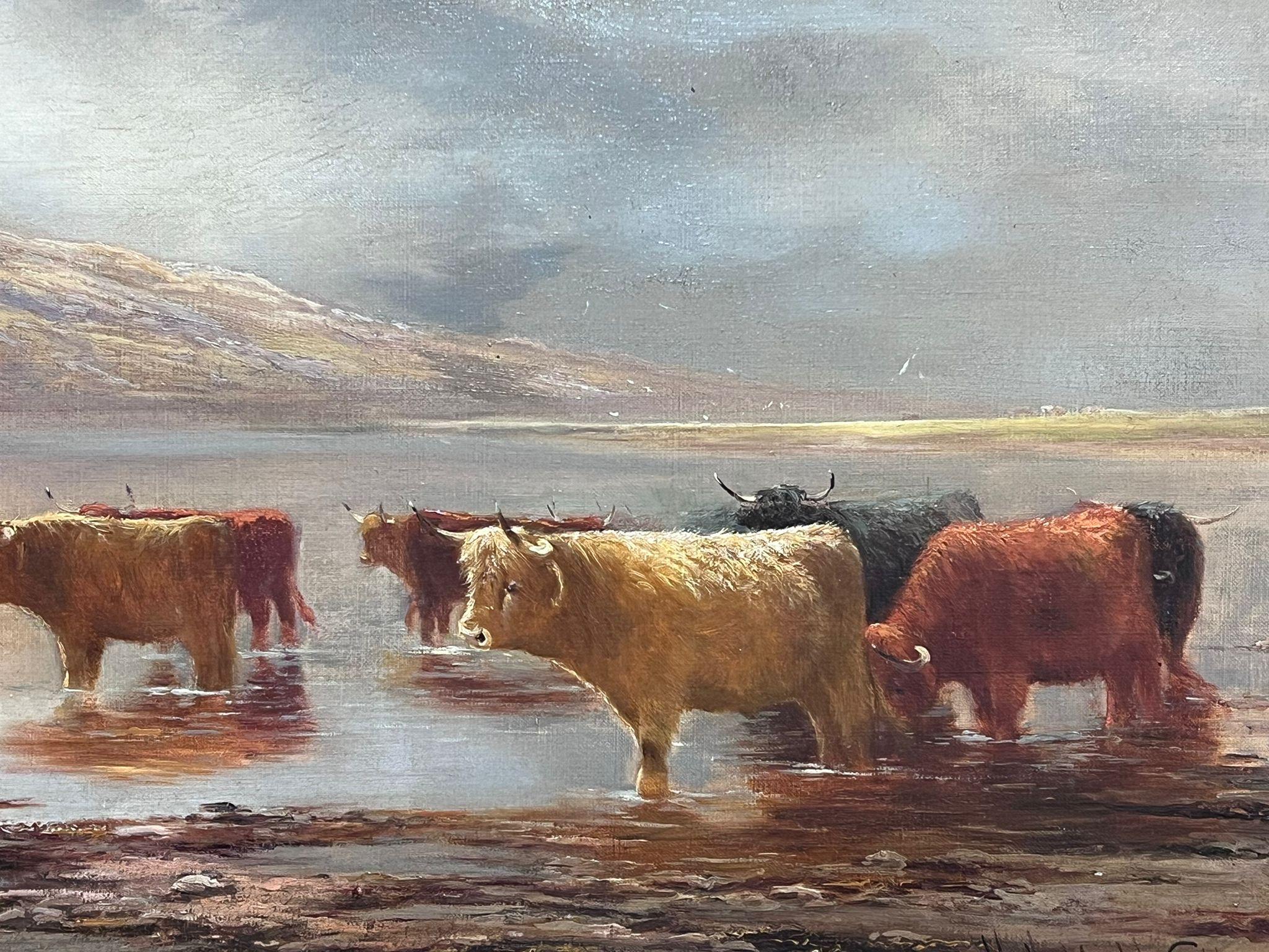 Large 19th Century Scottish Highland Cattle Loch Scene Signed Oil Painting For Sale 1