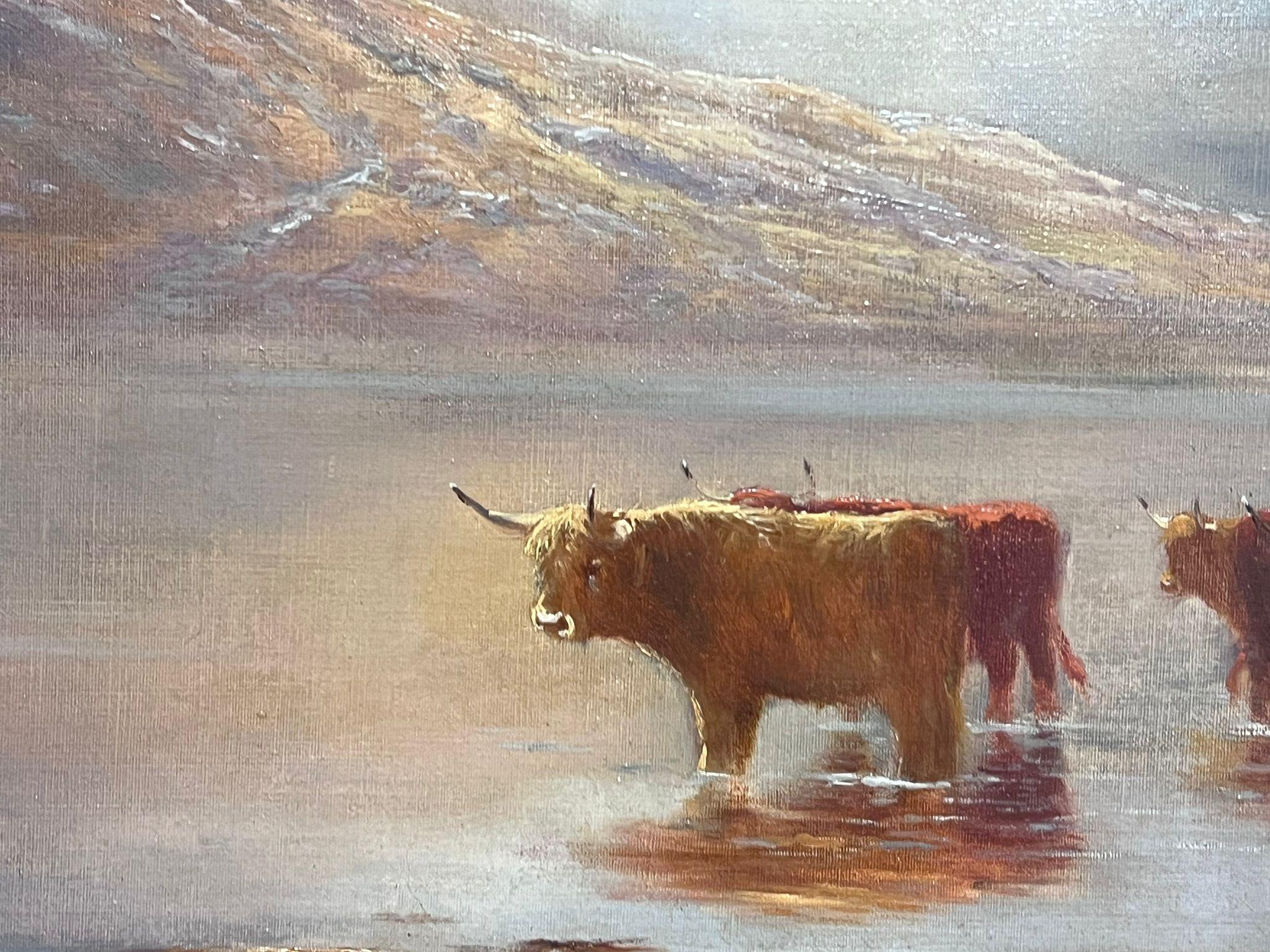 Large 19th Century Scottish Highland Cattle Loch Scene Signed Oil Painting For Sale 5