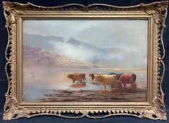 Grande peinture à l'huile signée du 19e siècle, scène de loch avec bétail des Highlands écossais