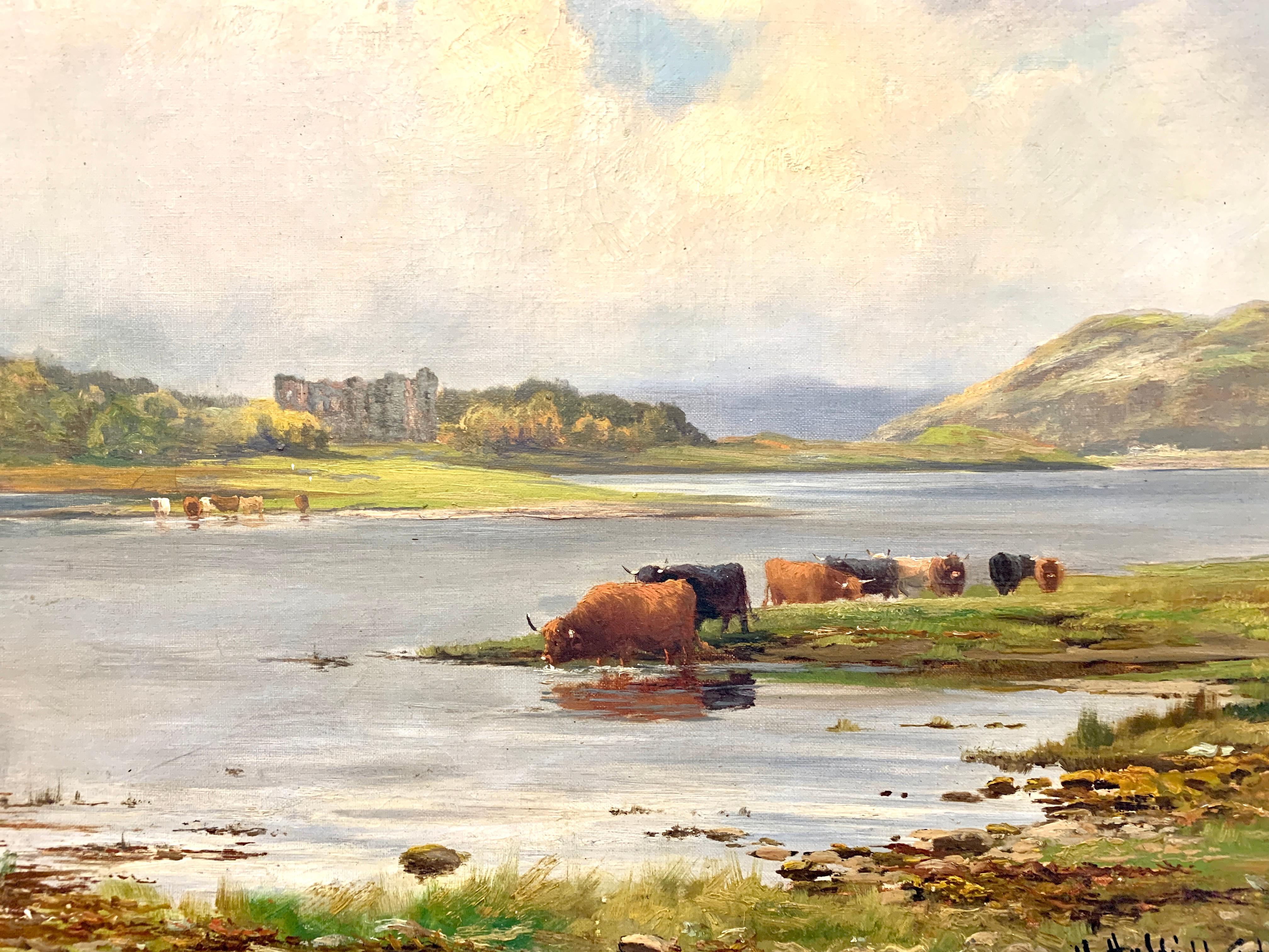 Oil painting of Scottish Highland cattle near a castle, Antique, 19th century - Painting by Henry Hadfield Cubley