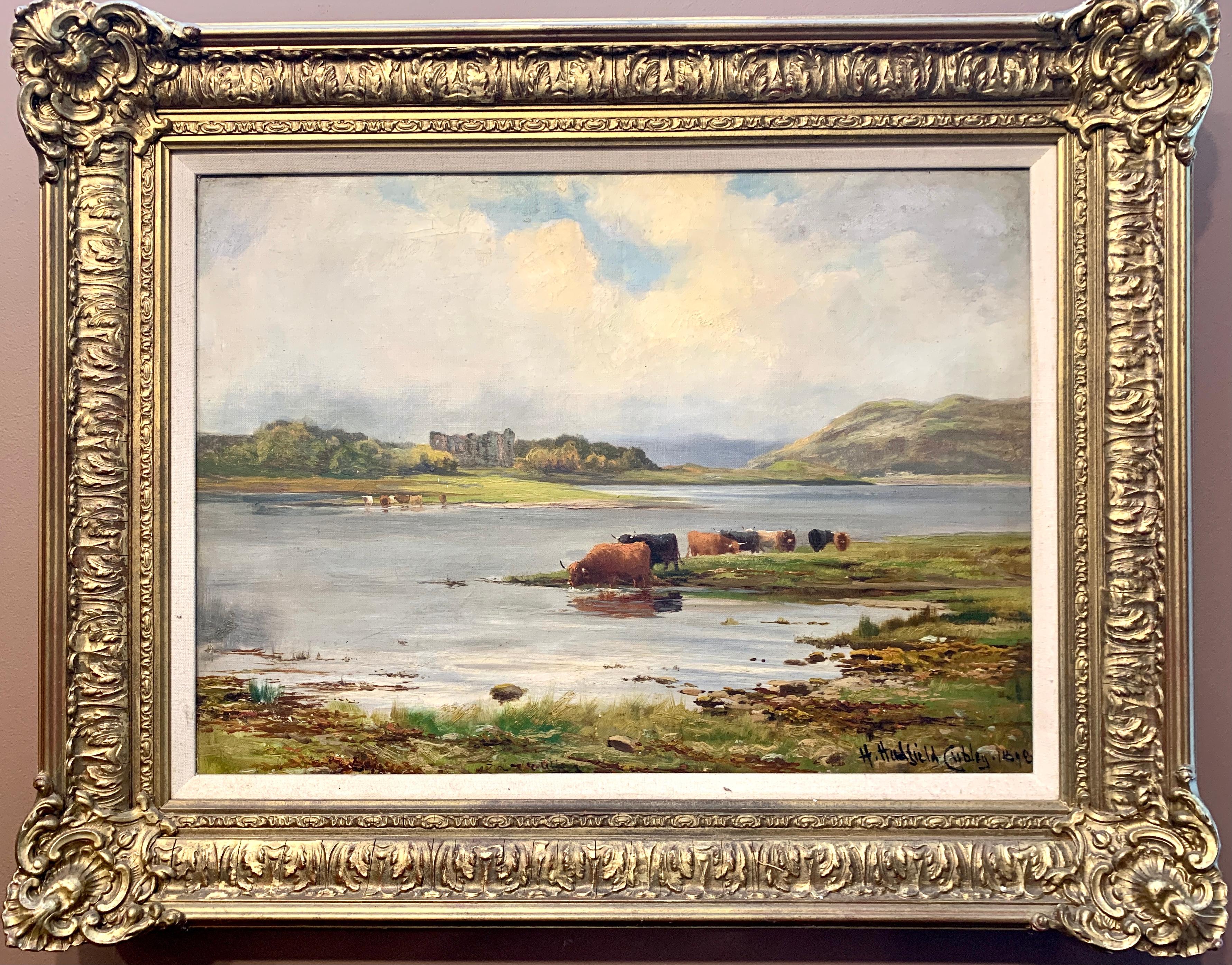 Henry Hadfield Cubley Landscape Painting - Oil painting of Scottish Highland cattle near a castle, Antique, 19th century