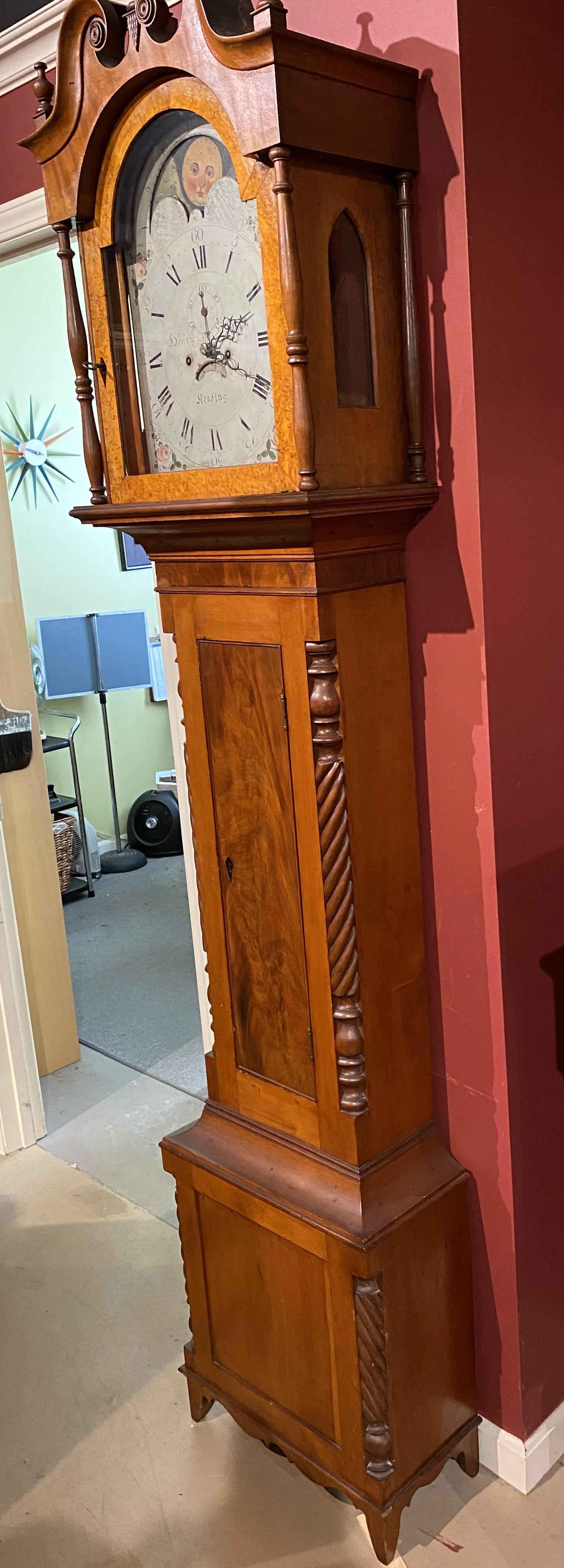 Veneer Henry Hahn Reading, Pennsylvania Cherry Tall Clock with Moon Phase Dial