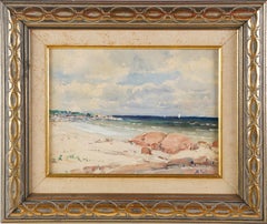  Antique American Impressionist Signed Seascape Beach Scene Framed Oil Painting