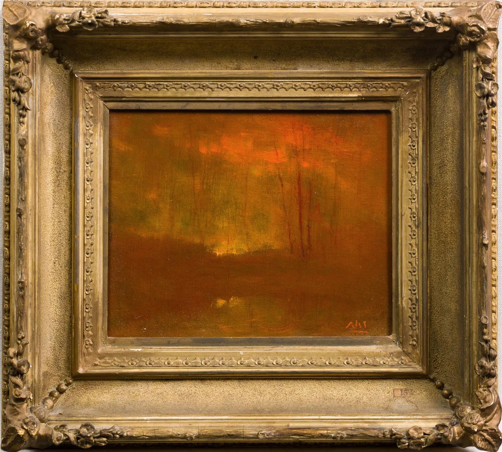 Evening Poetry Antique American Tonalist Sunset Exhibited Landscape Oil Painting - Brown Landscape Painting by Henry Hammond Ahl 