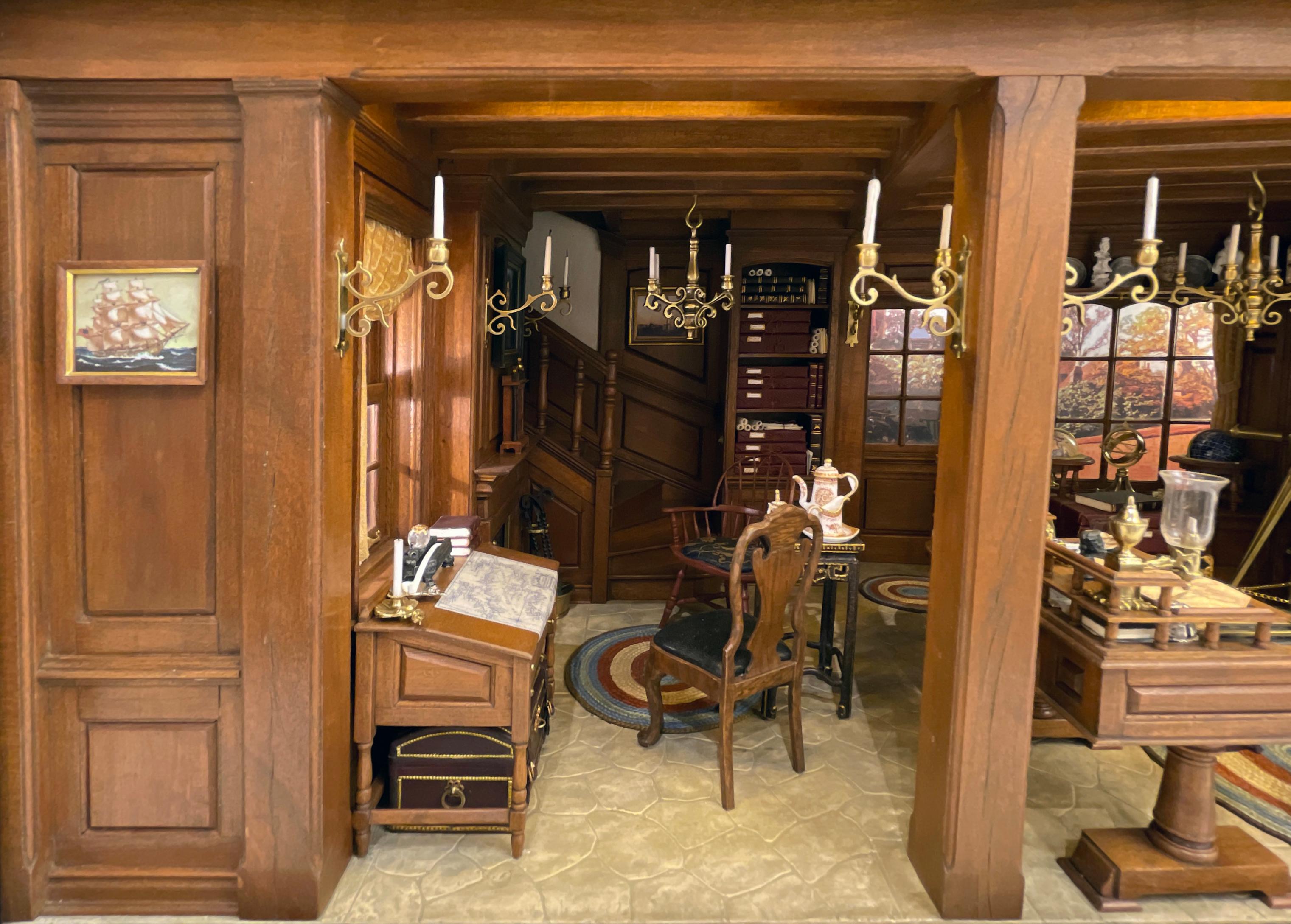 Büro eines Neuengland-Kartografen aus dem 18. Jahrhundert - Kupjack Studios Miniature Room (Braun), Still-Life Sculpture, von Henry 