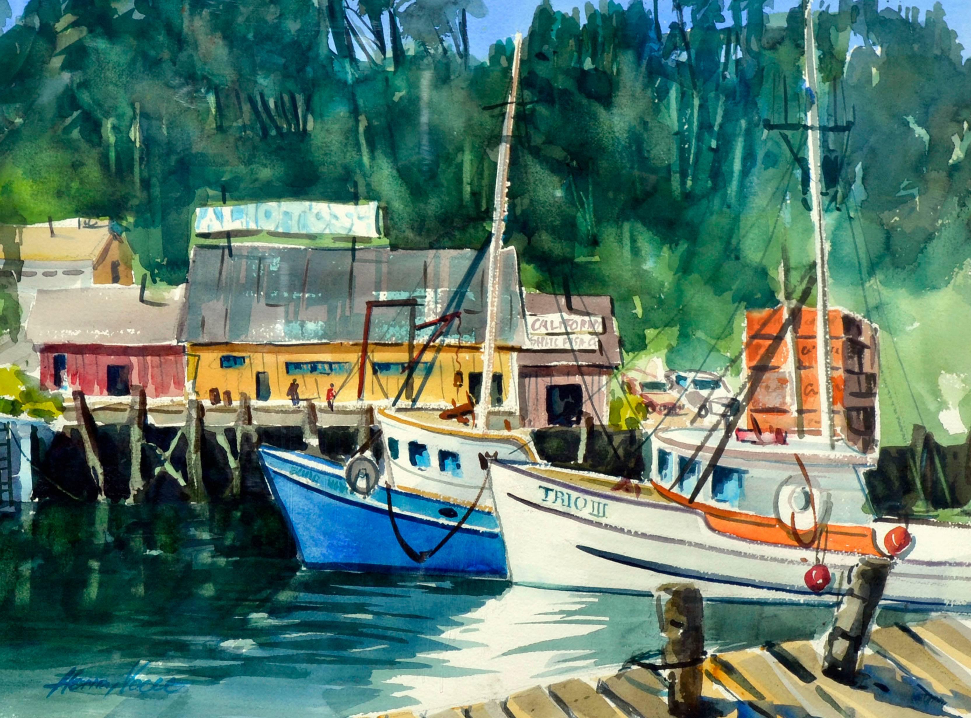 Boats Along the Wharf Landscape  - Painting by Henry Hank Volle